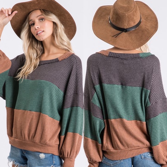 Fall Color Block Waffle Top Slouchy Dolman Top - Picture 3 of 4